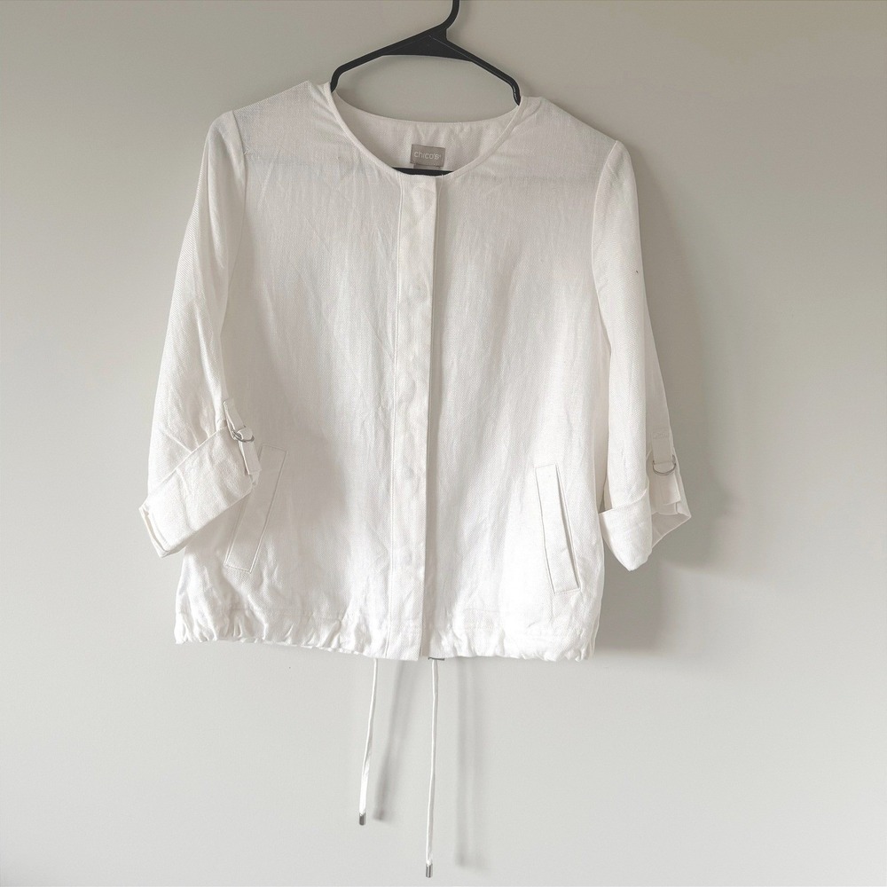 Chicos Linen Jacket White Snap Front Drawstring Hem 3/4 Sleeve Size 0 US 4/6